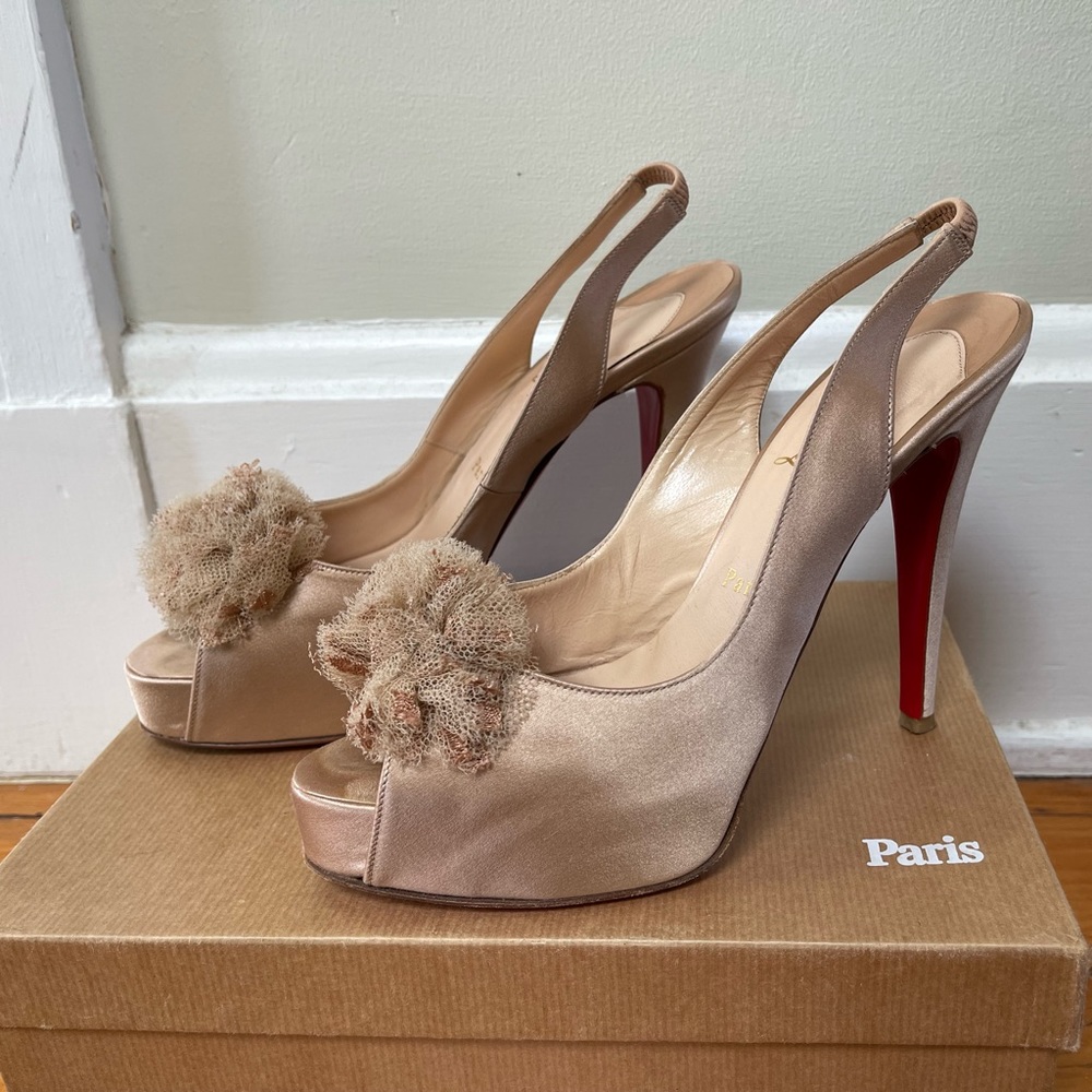 Christian Louboutin Frouprive 120 satin slingback pumps with lace pouf.